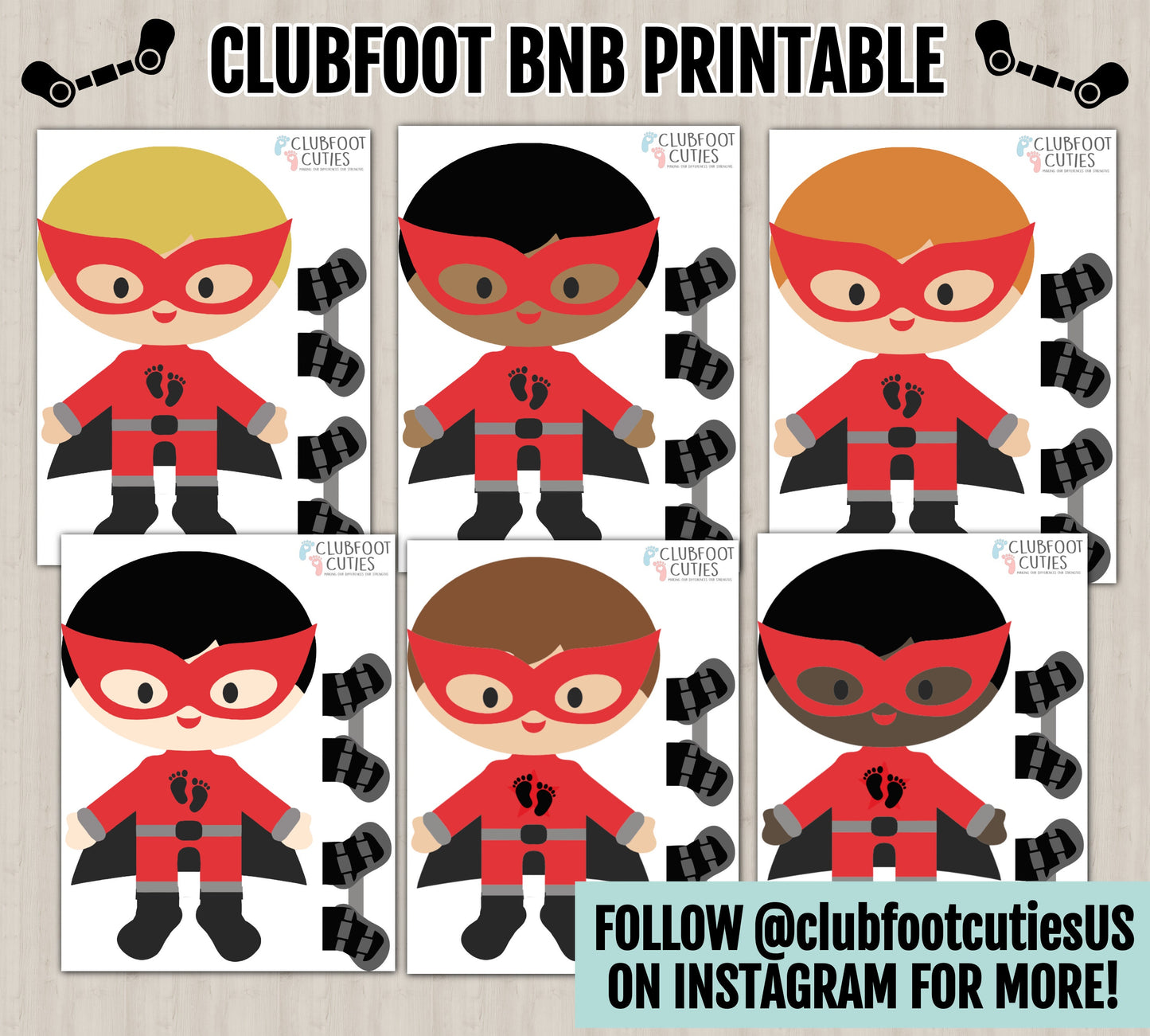 DIGITAL DOWNLOAD Superhero Clubfoot Cuties Printable Paper Doll | Laminate Velcro Activity For Boots and Bar BnB | Clubfoot Baby Boots