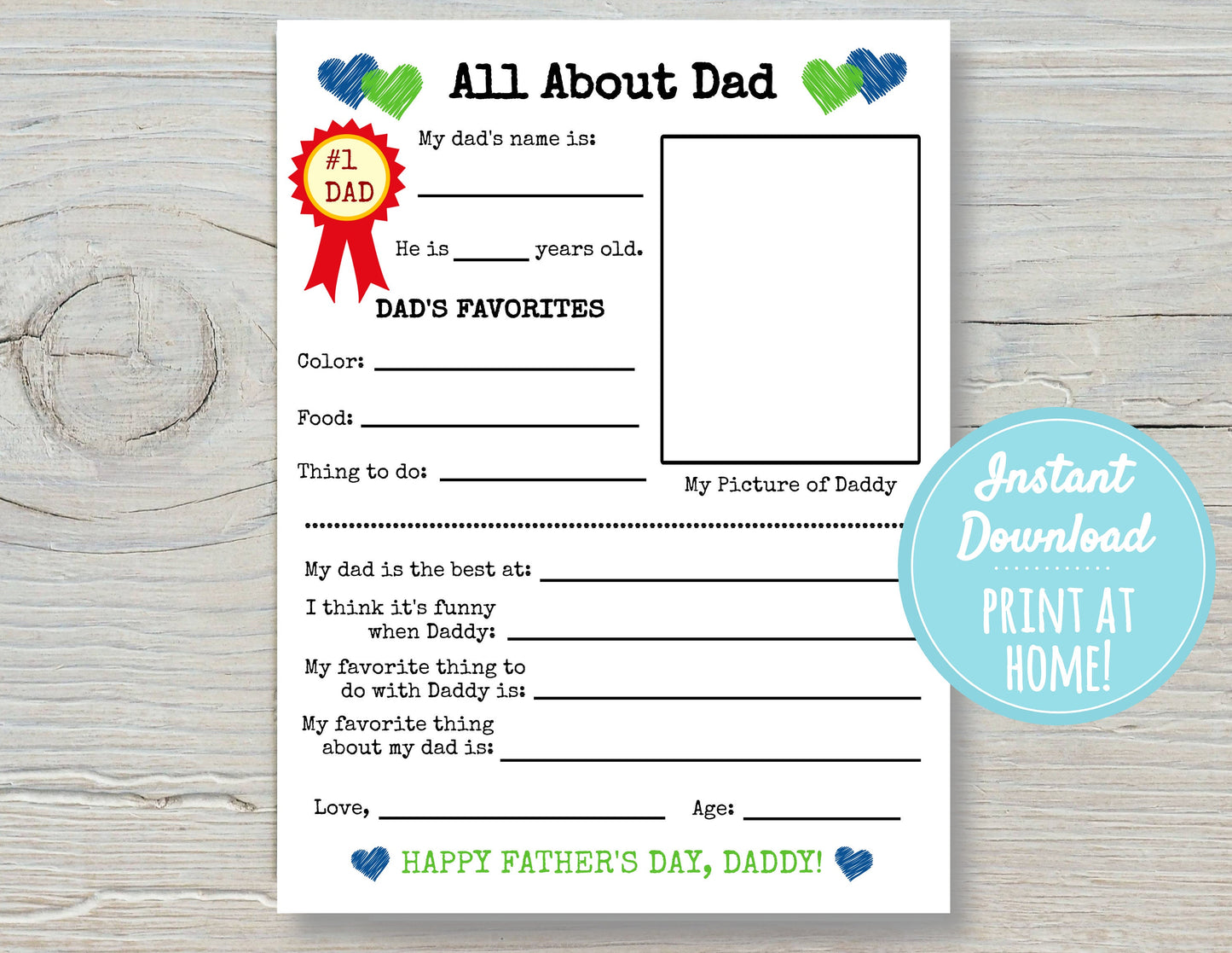 All About Dad 8.5x11" Printable Father's Day Gift | About My Daddy Fill In Sheet | DIGITAL DOWNLOAD | Father's Day Card | Print At Home