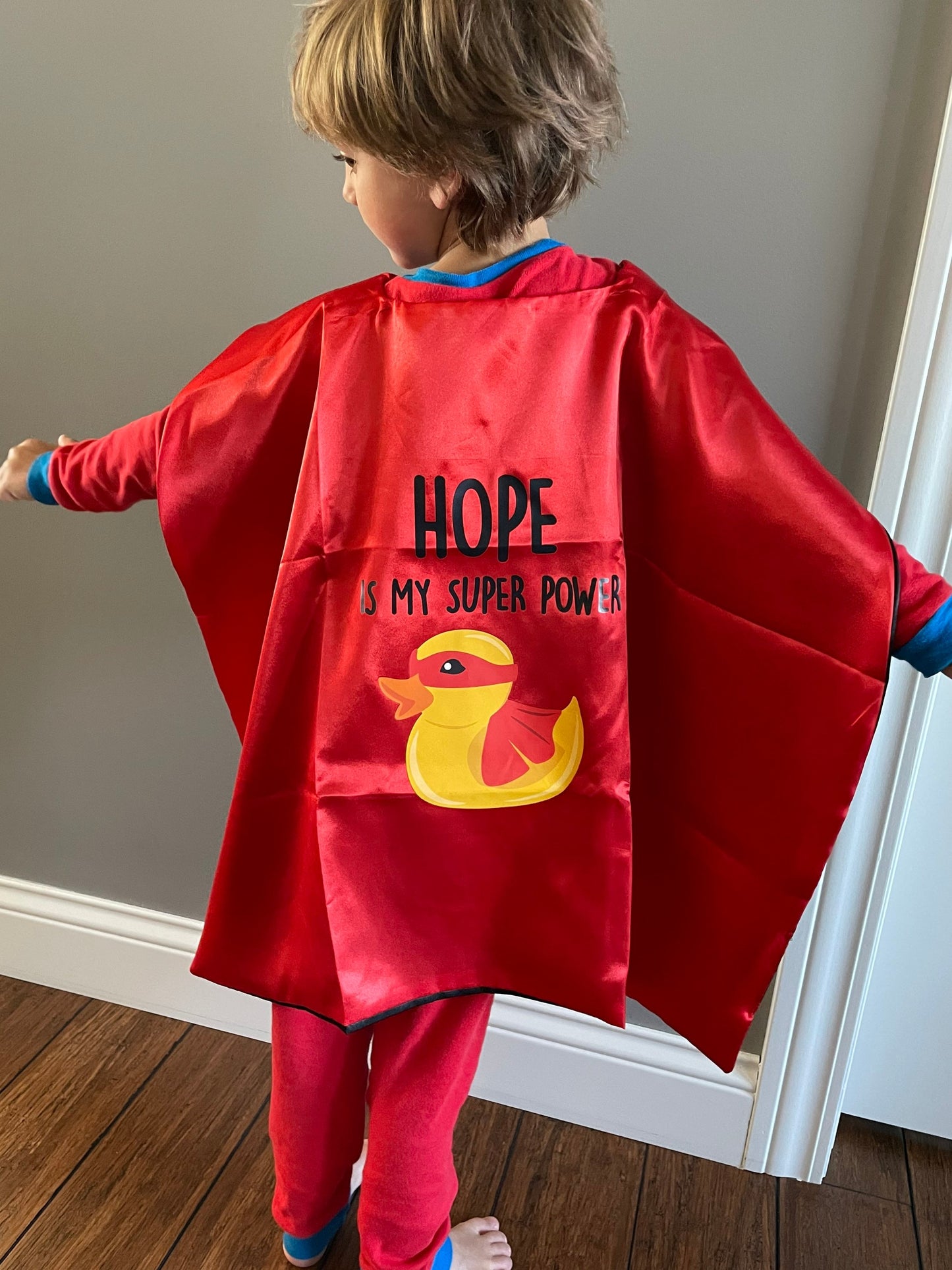 HOPE Is My Super Power Super Duck Red Cape | Kids Super Hero Cape | Columbus Duck Race Kids | Benefiting Nationwide Children's Hospital Ohio