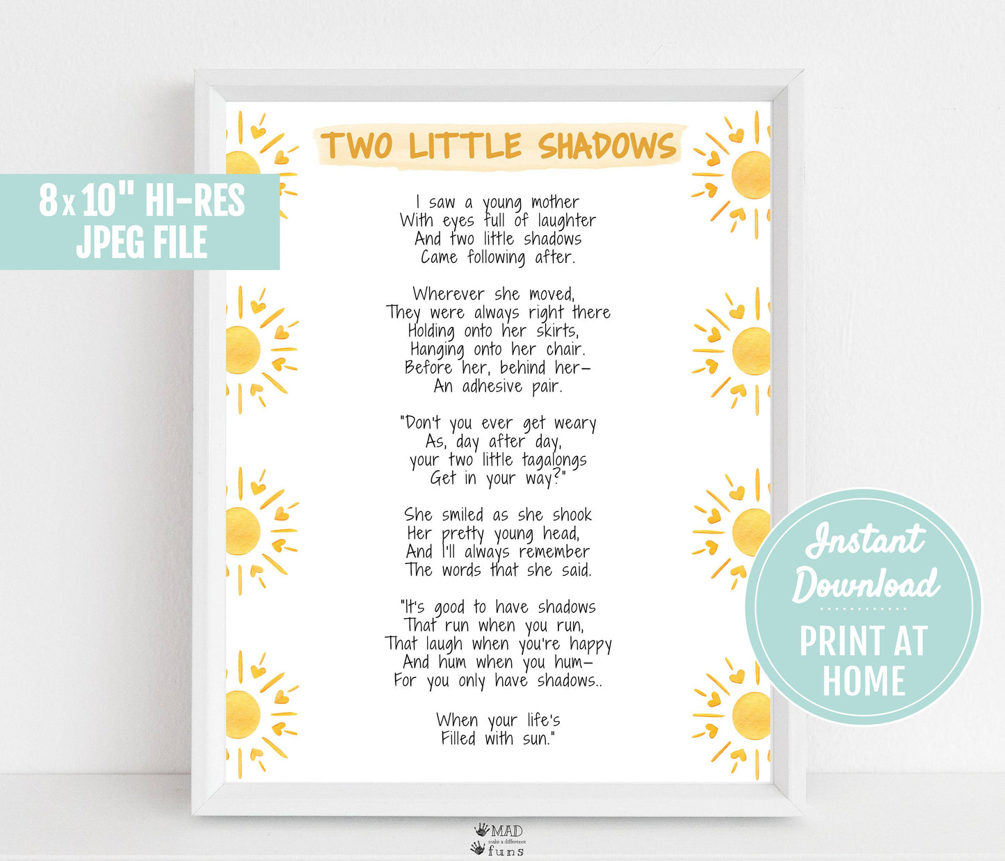 Two Little Shadows Poem Print | Digital Download| Card for Mom | Inspirational Quote Decor | Sun Printable Wall Art | Sunshine Nursery Decor