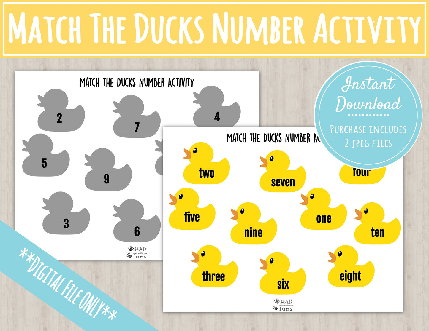 Match the Numbers Duck Activity | Printable INSTANT DOWNLOAD | Matching Numbers Cards or Velcro Activity | Toddler Game